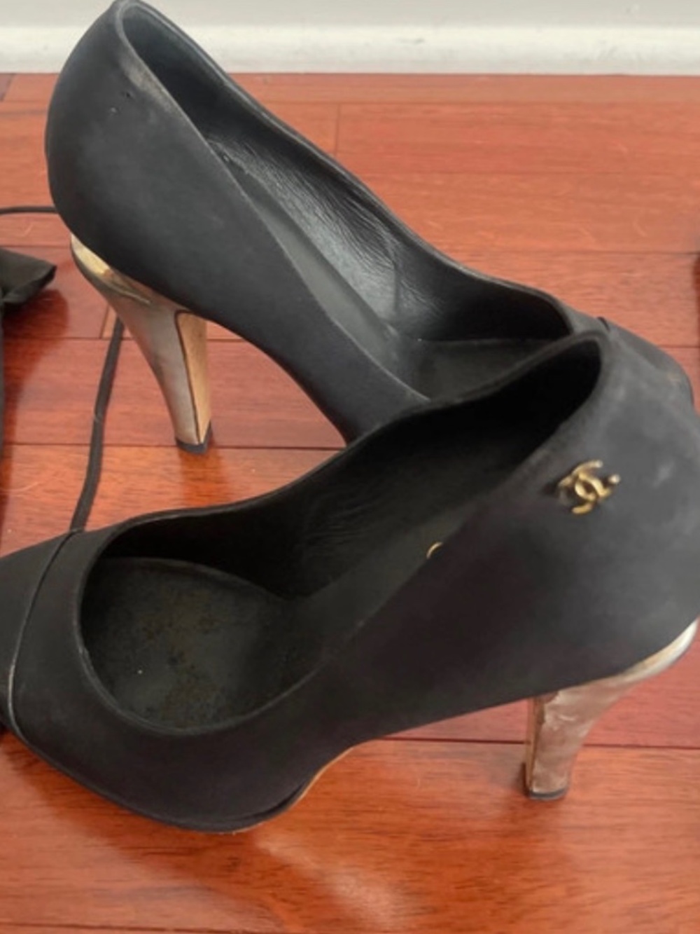 Black Satin Chanel Pumps with gold heel
